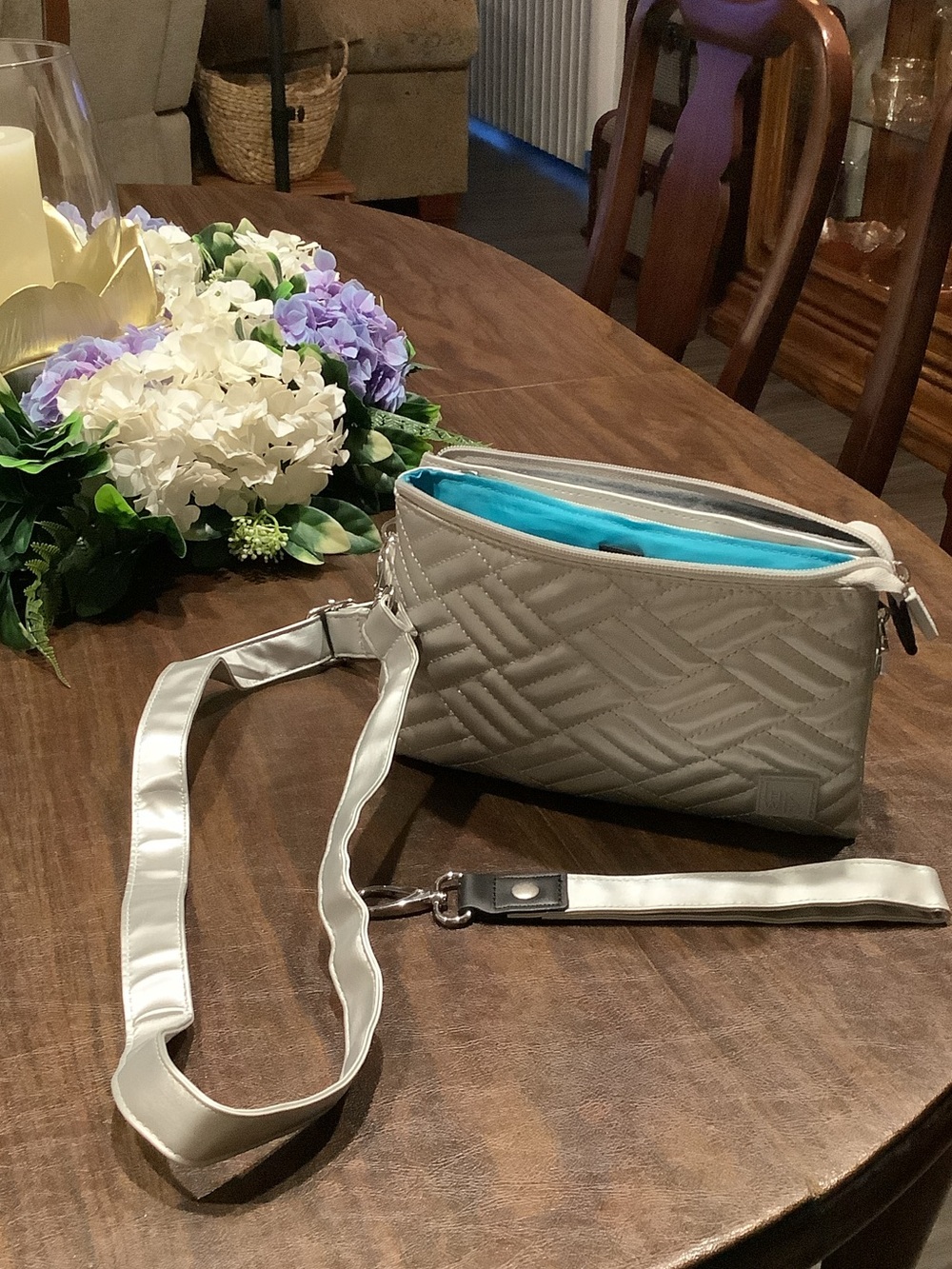 HKWIP Quilted Crossbody Bag in Light Gray/Silverwith Turq Interior never used